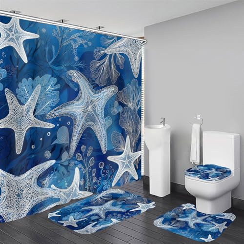 LQCOOL 4Pcs Blue Ocean Shower Curtain Set, Modern and Nautical Bathroom Sets, Starfish and Coral Decor Bathroom Sets with Shower Curtain and Rugs, Shower Curtain with 12 Hooks - color: Dark Blue