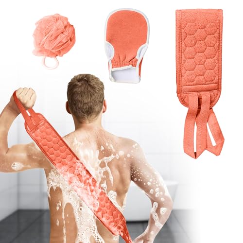 3 PCS Exfoliating Back Scrubber Strap Double Sided Bath Sponges Washer for Shower Deep Clean Towel Long Shower Towel,Red - color: Red