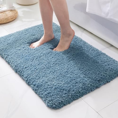 ILANGO Blue Bathroom Rugs 32" × 20" Non Slip & Super Absorbent Extra Thick Soft, Washable Bath Mat for Floor, Microfiber Plush Shaggy Bath Rug with Rubber for Bathtub Shower Room Sink - color: Blue, size: 1'8" x 2'8" (20''x32'' Bathroom Rug)