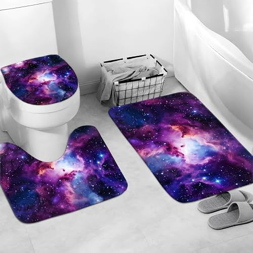 Space Galaxy Shower Curtain Bathroom Sets 4 Piece, Outer Star Themed Starry Shower Curtain Purple Trippy Universe Nebula Bath Mat with Non-Slip Rugs, Toilet Lid Cover Restroom Bathtub Home Decorations - color: Galaxy