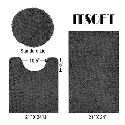 ITSOFT Standard 3pc Non-Slip Shaggy Chenille Bathroom Mat Set, Includes 24"x21" U-Shaped Contour Toilet Rug, 34"x21" Bathmat and 1 Toilet Lid Cover, Charcoal Gray - color: Charcoal Gray, size: 24''x21’’, 34’’x21’’ and TLC (Set)