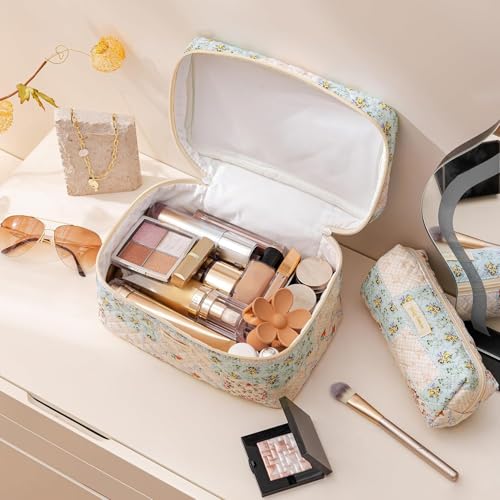 HBselect Quilted Makeup Bag, 3PCS Cotton Large Travel Makeup Bag, Cute Floral Coquette Make up Bag Cosmetic Bag Toiletry Bag for Women Girls - color: A-3PCS-Floral 4