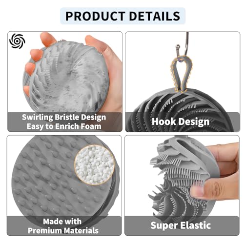 Larger Silicone Body Scrubber&Scalp Massager Hair Growth,Dual Sided Dual-Use,Exfoliating Body Scrubber,Wet&Dry Brush for Hair Massager Scalp,Silicone Shower Scrubber (Grey) - color: Grey