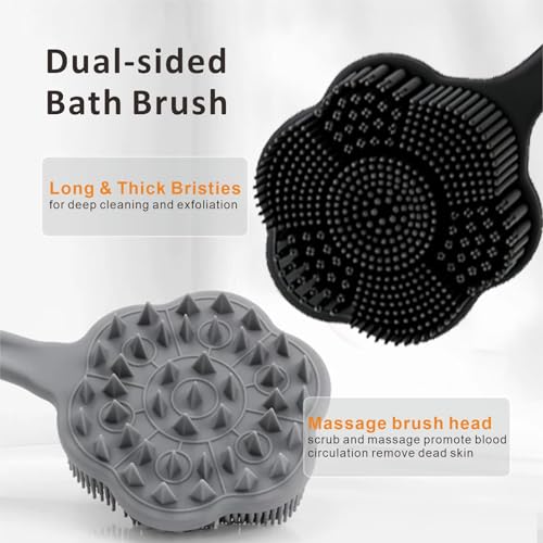Back Scrubber & Face Scrubber Brush for Shower - 15 Inch Long Handle Double Sided Silicone Body Brush for Exfoliation & Massage, Soft Facial Cleansing Brush, Rich Lathering for Deep Cleansing (Black) - color: Black