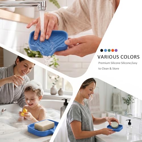 MicoYang Silicone Soap Dish with Drain Spout, Self-Draining Sink Organizer Tray for Bathroom & Kitchen, Sponges, Dispensers & Soap Holder, Non-Slip & Dishwasher Safe, Lichen Blue (Compact, 4.9"×3.2") - color: Lichen Blue, size: S(4.9"×3.2")