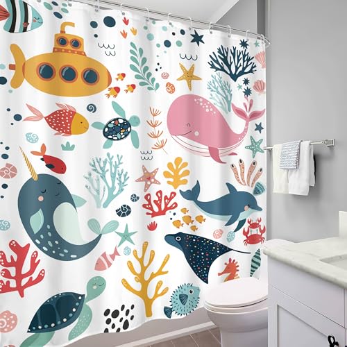 Kids Shower Curtain Ocean Cute Cartoon Whale Funny Kid Bathroom Set Underwater Coastal Submarine Fish Animal Nursery Baby Boys Girls Children 72Wx72H Bath Curtain Fabric Polyester 12 Pack Hooks - color: A 01ocean, size: 72"W x 72"L (Pack of 1)
