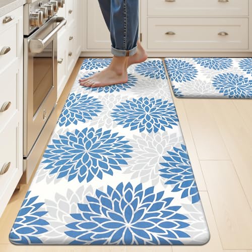 HEBE Anti Fatigue Kitchen Rug Sets 2 Piece Non Slip Kitchen Mats for Floor Cushioned Kitchen Rugs and Mats Waterproof Comfort Standing Mat Runner for Kitchen,Home Office,Sink,Laundry - color: Blue, size: 17.3"x48"+17.3"x28"-0.4"Th