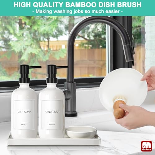 GMISUN Kitchen Soap Dispenser Set, 16 Oz Hand and Dish Soap Dispenser with Ceramic Tray & Bamboo Dish Brush, 2 Pack White Glass Liquid Pump Bottle, Modern Farmhouse Refillable Dish Soap Bottle - color: White Bottles + Black Pumps