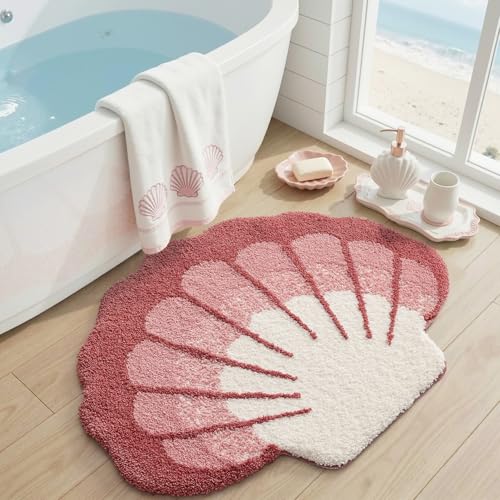 DEXI Seashell Bathroom Rugs Non Slip Washable, 38x30 Ultra Soft Cute Bath Mats for Bathroom Absorbent Quick Dry, Coastal Sea Bathmat for Shower Floor, Tub, Sink, Pink - color: Scallop Pink-large