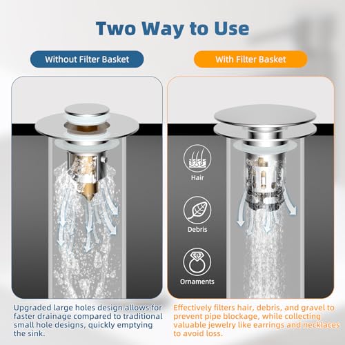 Hibbent Upgraded 3 in 1 Bathroom Sink Drain Strainer, Universal Pop Up Sink Stopper with Big Push Cap, Anti-Clogging Metal Filter Basket,Sink Plug with Hair Catcher for 1.1''~2.36'' Basin, Chrome - color: Chrome