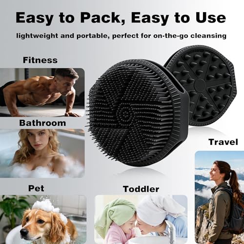 Silicone Body Scrubber for Men Women, Dual-Sided Bath Brushes Gentle Exfoliating Body Scrubber Scalp Massager for Deep Cleansing, Soft Silicone Loofah Body Washing Brushes (Black) - color: Black