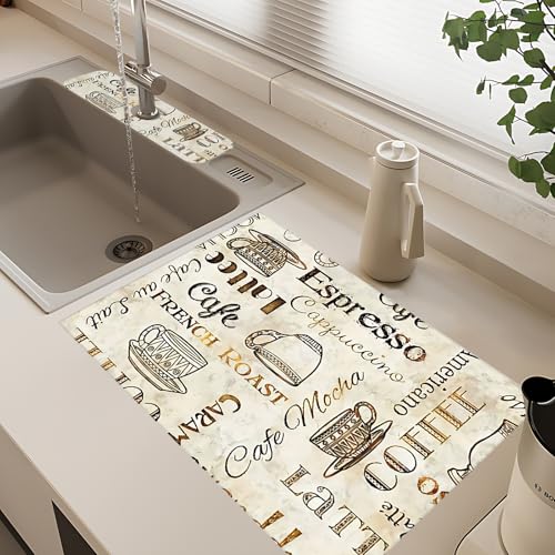 2Pcs Dish Drying Mats Faucet Mats Sets Large Size Coffee Mats Sink Faucet Mat Splash Guard for Kitchen Counter Bathroom Sink Coffee Bar Kitchen Decor (Retro Coffee, 18"x24" 15" x 5.5"Set) - color: Retro Coffee