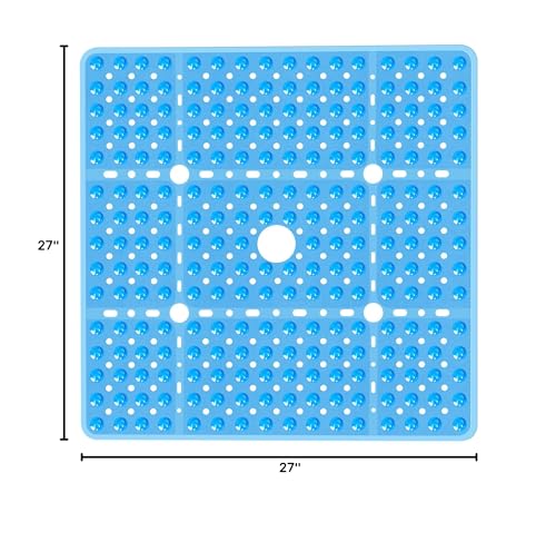 Large Square Shower Mat 27 x 27 Inch Clear Blue, Non Slip Shower Bathtub Mats for Inside Shower with Big Suction Cups Drain Holes, Anti Slip Bathroom Floor Stall Mats, Easy Clean, BPA-Free - color: Clear Blue