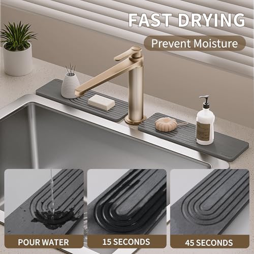 Faucet Mat for Kitchen Sink, Diatomite Stone Drying Sink Protectors, Bathroom Faucet Splash Guard, Quick Dry Water Absorbing, Non-Slip Tray for Kitchen Counter, Gray, 11.8" x 3.9" x 2pcs - color: Grey, size: 11.8" x 3.9"