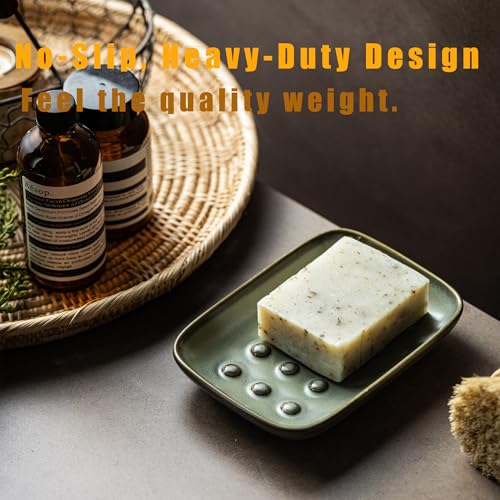 Miamolo Ceramic Soap Dish for Shower, Non-Slip Bar Soap Saver Tray Bar for Bathroom Kitchen Sink Bathtub, Easy to Clean, Dishwasher Safe, Raised Pattern - Keep Soap Dry, Dark Green - color: Dark Green, size: Floating Point Design
