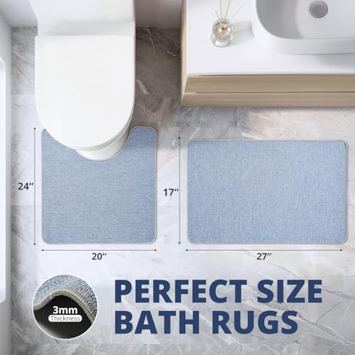 Bathroom Rugs Sets 2 Piece, Thin Bath Mat & U-Shaped Contour Toilet Rug Absorbent Quick Dry, Machine Washable, Non Slip Low Pile Bath Mats for Bathroom/Tub/Sink/Shower (27"x17" Plus 24"x20" U, Blue) - color: Blue, size: 17"x27"+U Shape 24"x20"-2pack