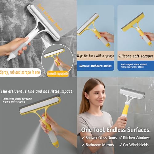 3 in 1 Window Cleaning Scraper, Squeegee with Sprayer, All-in-One Glass Cleaner Tool with Sponge & Rubber Blade for Shower Doors, Mirrors, Car Windows & Home Use - color: White * 2