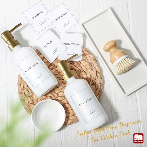 GMISUN Kitchen Soap Dispenser, 16 Oz Kitchen Dish Soap Dispenser Set with Ceramic Tray & Bamboo Brush, 2Pcs Farmhouse Dish Soap Dispenser for Kitchen, Modern White Glass Liquid Hand Soap Dispenser - color: White Bottles + Gold Pumps