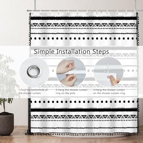 AOFOTO Boho Shower Curtain Black Striped Geometric Pattern Shower Curtains for Bathroom Tassel Bohemian Shower Curtain Modern Bathroom Home Decor with Hooks Waterproof 70x70 Inches - color: Black Dots, size: 70"W x 70"L (Pack of 1)