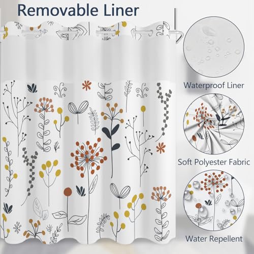 No Hook Shower Curtain with Snap in Fabric Liner Set, Waterproof & Washable, Farmhouse Cute Floral Shower Curtains for Bathroom, Spring Summer Botanical Plants Bathroom Curtain, House Gift, 71x74 inch - color: Hand-drawn Botanical