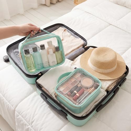 Abbylike 6 Pcs Clear Makeup Bags Bulk 7.9 x 5.9 x 2.4 Inches Quart Size Approved PU Leather Toiletry Bag with Handles Small PVC Clear Travel Cosmetic Case for Women Wedding Bridal Gifts(Lake Bule) - color: Lake Bule