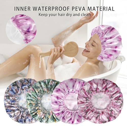 4 PCS Shower Caps for Women, 3D Printing Bath Caps, Double Layers Shower Cap Reusable Waterproof, Bathing Shower Caps, Environmental Protection Hair Bath Hat - Flower B - color: 3D Flower B 4 PCS/Set