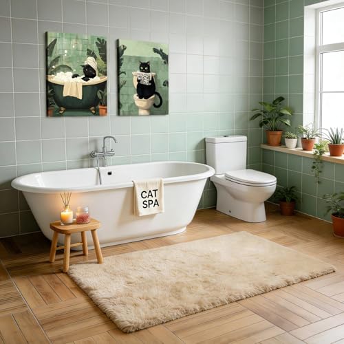 RUMSICH 2-Pcs Fun Black Cat Bathroom Canvas Wall Art Whimsical Animal Bathroom Wall Decor Green Tropical Toilet Bathtub Cat Humorous Artwork Print for Bathroom Toilet and Home Decor 16x24 inch Framed - color: Bathroom Cat, size: 24"L x 16"W