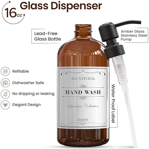 Sunrise Premium 4 Pack Amber Glass Soap Dispenser 16 OZ with Matte Black Stainless Steel Pump, Hand and Dish Soap Dispenser Set for Bathroom and Kitchen Sink with 12 Waterproof Labels - color: Matte Black Ss Pump - Amber Glass 4pc