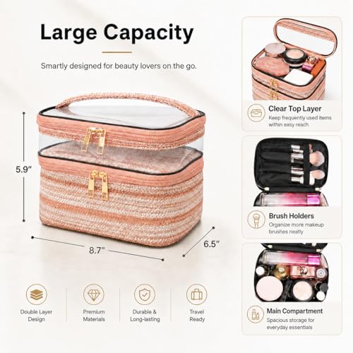 Woven Faux Leather Travel Makeup Bag for Women, Cosmetic Organizer with Clear PVC Top, Large Capacity Toiletry Bag (Pink) - color: 03-Pink