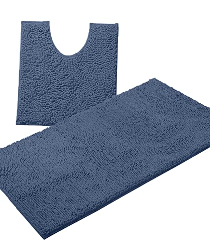 Bathroom Rugs Sets 2 Piece, Luxury Chenille Bath Mat Set, Soft Plush Anti-Slip Bath Rug + U-Shaped Toilet Mat. Microfiber Shaggy Carpet, Super Absorbent (24” x 36” & 20” x 24” U, Medium Blue) - color: Medium Blue, size: 2 Piece Set - Large