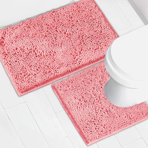 Bathroom Rugs Chenille Bath mat 2 Piece Set, Super Absorbent, Strong PVC Non Slip Backing, Bath mats for Bathroom, Plush Shaggy, Thick, Machine Washable, Bathtub, Shower, Toilet.(Pink) - color: Pink, size: 20''×20''U-Shape+20''×32''