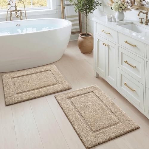DEXI Bathroom Rugs Set 2 Piece 24x16, Washable Non Slip Bath Mat for Shower Floor, Absorbent Quick Dry Bathmat with Rubber Backing, Ultra Soft Plush Carpet for Tub, Beige - color: Beige, size: 24" X 16" (2pcs)