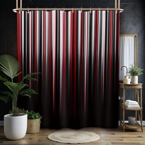 Miyotaa Black Red White Modern Shower Curtain Set 60Wx71H Inches Abstract Striped Minimalist Simple Contemporary Polyester Waterproof Bathroom Curtain with 12 Hooks - color: Black Red White Striped, size: 60"W x 71"L (Pack of 1)