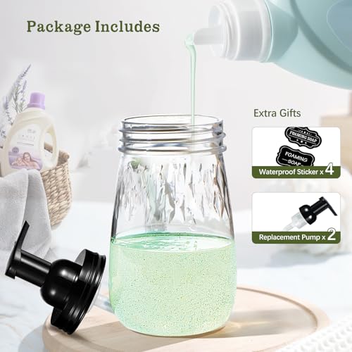 Amolliar 16Oz Foaming Soap Dispenser with Pump Lid, Plastic Refillable Foam Hand Dish Soap Dispenser Set, Clear Diamond Dispenser with Lable for Farmhouse Kitchen Bathroom (2 Pack, Black) - color: Clear Diamond Jar With Black Pump, size: 2 Pack