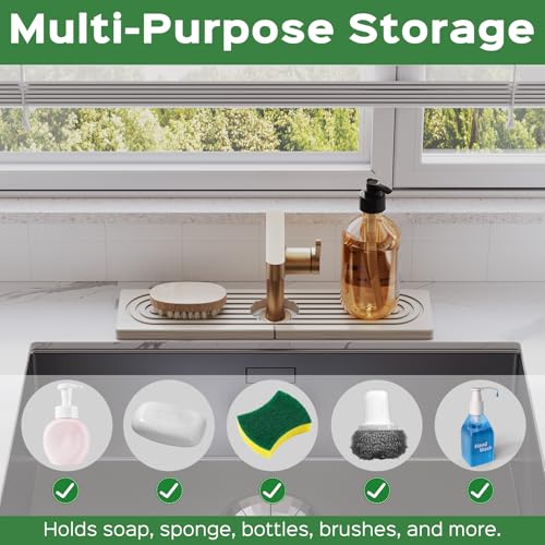16 Inch Stone Faucet Mat for Kitchen Sink Splash Guard - Diatomite Quick Dry Stone Mat Kitchen Sink Protectors, Water-Absorbent Faucet Handle Drip Catcher Tray with Drainage (White, 15.7" x 3.9")
