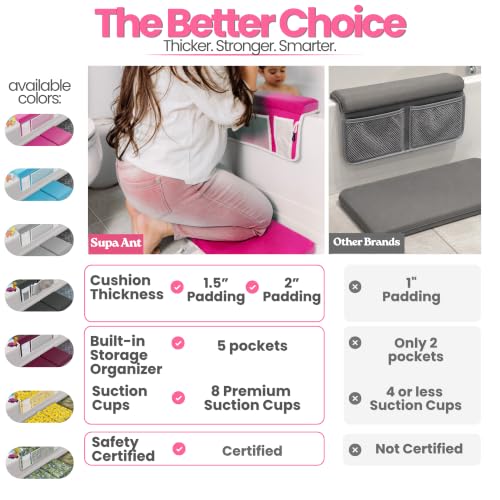 Bath Kneeler –8 Suction Cups & 1.5" Padding.Certified Non Toxic Bath Kneeling Pad for Bath Tub & 5 Bath Toy Organizer. Fast Dry Baby Bath Kneeler and Elbow Rest Pad Set by Supa Ant-Pink. - color: Pink With White Pockets