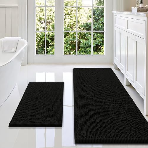 Smiry Bathroom Rugs Sets 2 Piece, Soft Absorbent Chenille Machine Washable Non Slip Shaggy Bath Rug Set for Tub, Shower, and Floor (59x20+24x16, Black) - color: Black, size: 59"x20"+24"x16"