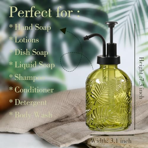 11.8Oz Vintage Glass Bathroom Soap Dispensers with Black Pump, Refillable Kitchen Dish Soap Dispenser with Embossed Leaf, Modern Farmhouse Hand Soap Liquid Bottle -1 Pack(Sage Green) - color: Sage Green/Black, size: 1Pack