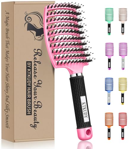 KTKUDY Detangling Brush Boar Bristles Hairbrush Make Hair Shiny & Healthier Curved and Vented Detangler Brush for Women Men Kids Wet & Dry Hair (Pink) - color: Pink