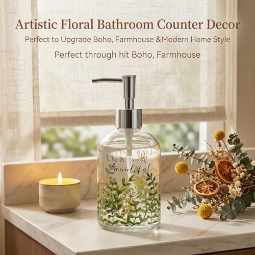 Topadorn 17oz Glass Soap Dispenser, Refillable Clear Liquid Soap Bottle, Bathroom Kitchen Countertop Decor, Inspirational Quote Design - color: Green