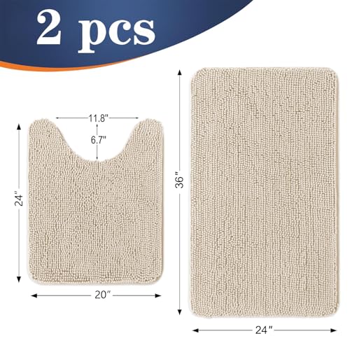 OLANLY Bathroom Rugs Sets 2 Piece, Soft Absorbent Chenille Bath Mats and U-Shaped Contour Toilet Mat Area Rug Set, Machine Washable Bath Carpet, Home Decor Accessories(36"x24"+24"x20", Sand) - color: Sand, size: 36" X 24" + U24" X 20"