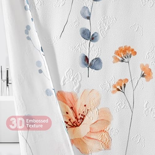 QiyI Watercolor Floral Shower Curtain, 3D Embossed Butterflies Peach Pink Flower Bathroom Curtain, Minimalist White Cloth Bath Curtain, Waterproof Fabric Textured Shower Curtain Set with Hooks, 72x72 - color: Blush Peach, size: 72"W x 72"L (Pack of 1)