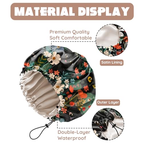 Luxury Shower Cap Adjustable Reusable Double Waterproof Layer Elastic Satin Lined Hair Bath Cap Cute Aesthetic Women Girls (K3-Cat Flower) - color: K3-Cat Flower