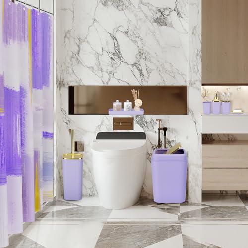 XLHOMO Purple Bathroom Accessories Set, Bathroom Sets with Shower Curtain, Purple Bathroom Accessories with Trash Can, Soap Dispenser, Soap Dish, Toilet Brush Holder, Qtip Holders for Bathroom - color: Plaid Purple & Gold, size: Complete Set