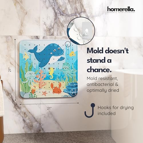 homerella® Shower Mat Non Slip Anti Mold, Non Slip Shower Mats for Inside Shower Stall Anti Slip Mat, Square Shower Floor Mat 21 x 21 in with Suction Cups & Hooks for Quick Drying, Machine Washable - color: Magic Sea