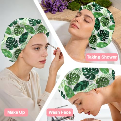 Tropical Leaves Reusable Shower Cap Green Monstera Double Layer Waterproof Shower Caps Large Elastic Hair Cover Adjustable Hair - Drying Caps for Woman Man Bath SPA Travel One Size Fits Most - color: Tropical Leaves