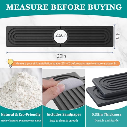 Stone Faucet Mat for Kitchen Sink - Quick Dry Diatomite Sink Splash Guard, Prevents Moisture Buildup & Water Stains, Water Absorbing Stone Tray for Bathroom Countertop (Dark Gray, 20" x 4") - color: Dark Gray, size: 20" x 4"