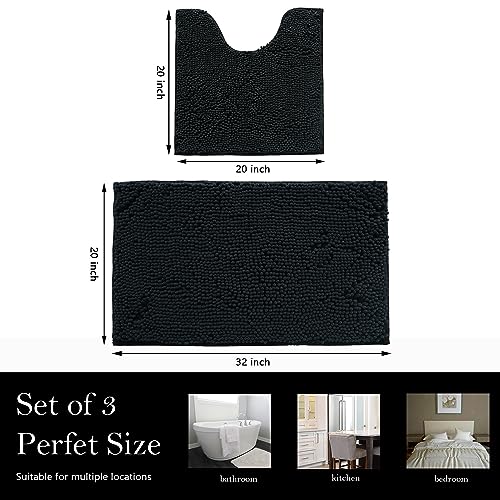 Bathroom Rugs Chenille Bath mat 2 Piece Set, Super Absorbent, Strong PVC Non Slip Backing, Bath mats for Bathroom, Plush Shaggy, Thick, Machine Washable, Bathtub, Shower, Toilet.(Black) - color: Black, size: 20''×20''U-Shape+20''×32''