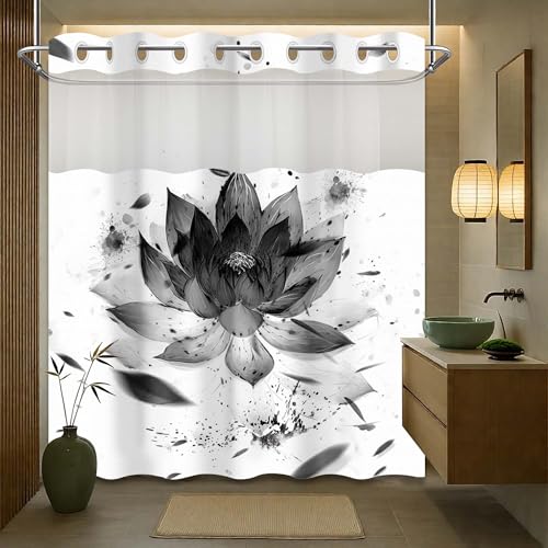 Yieldee Lotus Hookless Shower Curtain with Snap in Liner, Black and White | No Hook Design, Waterproof Cloth Fabric, Masculine Mens Bathroom Decor, 71" W X 74" L - color: Ink, size: 71"W x 74"L (Pack of 1)