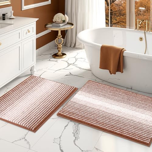 BSICPRO Bathroom Rugs and Mats Sets, 2 Piece Thick Absorbent Chenille Bath Mat Rug Set Non Slip, Soft Bath Room Floor Mats for Bathroom, Machine Washable (20" x 32" Plus 16" x 24",Caramel Brown) - color: Caramel Brown, size: 20" x 32" Plus 16" x 24"